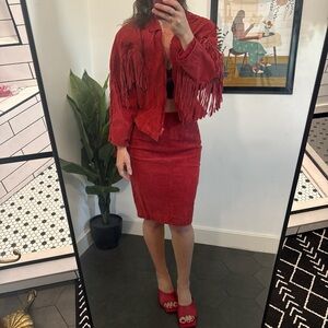 Red Fringe distressed red leather two piece set.